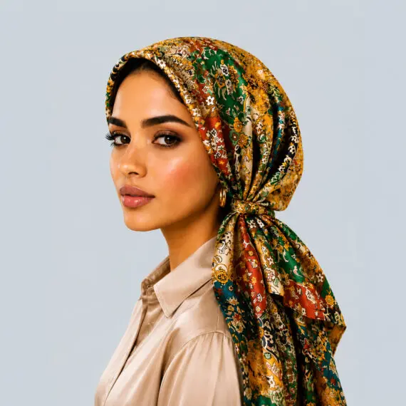 Model wearing a luxury satin turban headwear featuring the Coastal Prism modern geometric color-block pattern in navy, teal, and pink