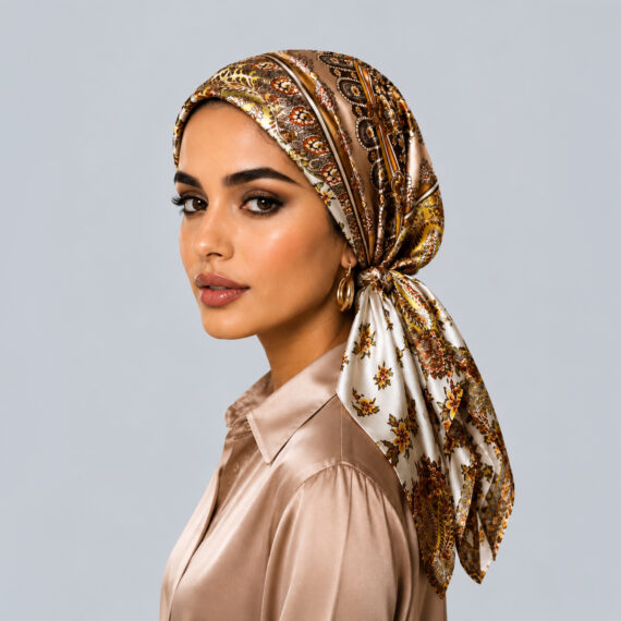 Model wearing the Saffron Baroque Paisley silk head wrap, showing elegant camel, gold, and cream vintage damask patterns