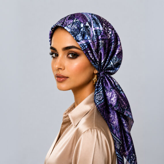 Model wearing the Indigo Mosaic Medallion silk headscarf, styled with rich royal blue and lavender Mediterranean tile patterns